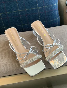 Slide Sandals With Rhinestone And Bow Knot Clear Block Heel Square Toe Mules For Summer Beach Party Daily Wear Comfortable - Aliexpress - FashionsVida