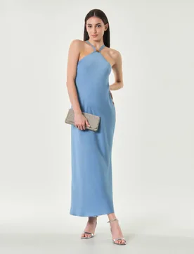 Abito lungo Studio azzurro asimmetrico con scollo all'americana e dettaglio gioiello - Max Mara - FashionsVida