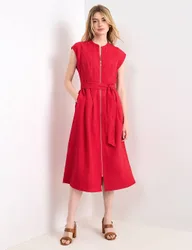 Textured Collarless Zip Up Midi Waisted Red female