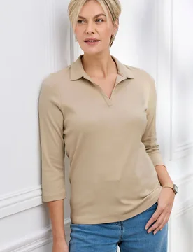 Women's Wrinkle Free 3/4 Collared Polo Top in Stone Size: 22 - Stone - Size: 22 - Cotton Traders - FashionsVida