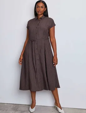 Striped Tie Waist Midaxi Shirt Dress Brown Mix female - Live Unlimited London - FashionsVida