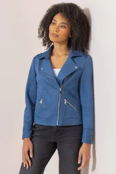 Suedette Biker Jacket - Blue - Size: 20