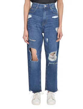 Women's Casual Style High-Waisted Torn Hem Rip Mom Jeans in Dark Blue Size: 8 - Dark Blue - Size: 8 - Smart Living - FashionsVida