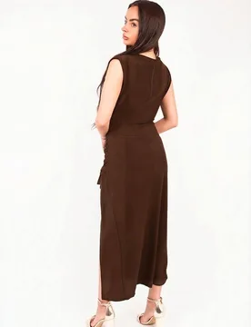 Women's Kaida Sleeveless Drape Ring Detail Split Midi Dress in Chocolate Size: Small/Medium - Chocolate - Size: S/M - IKRUSH - FashionsVida