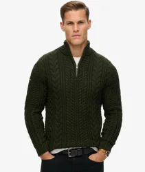 Superdry Herren Vintage Jacob Zopfstrickpullover mit Halblangem Reißverschluss Grün - Größe: S