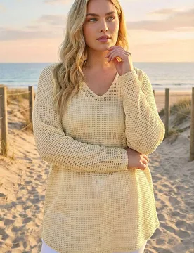 Curve Textured Knit V-Neck Tunic - Cream - Size: 20 - Roman - FashionsVida