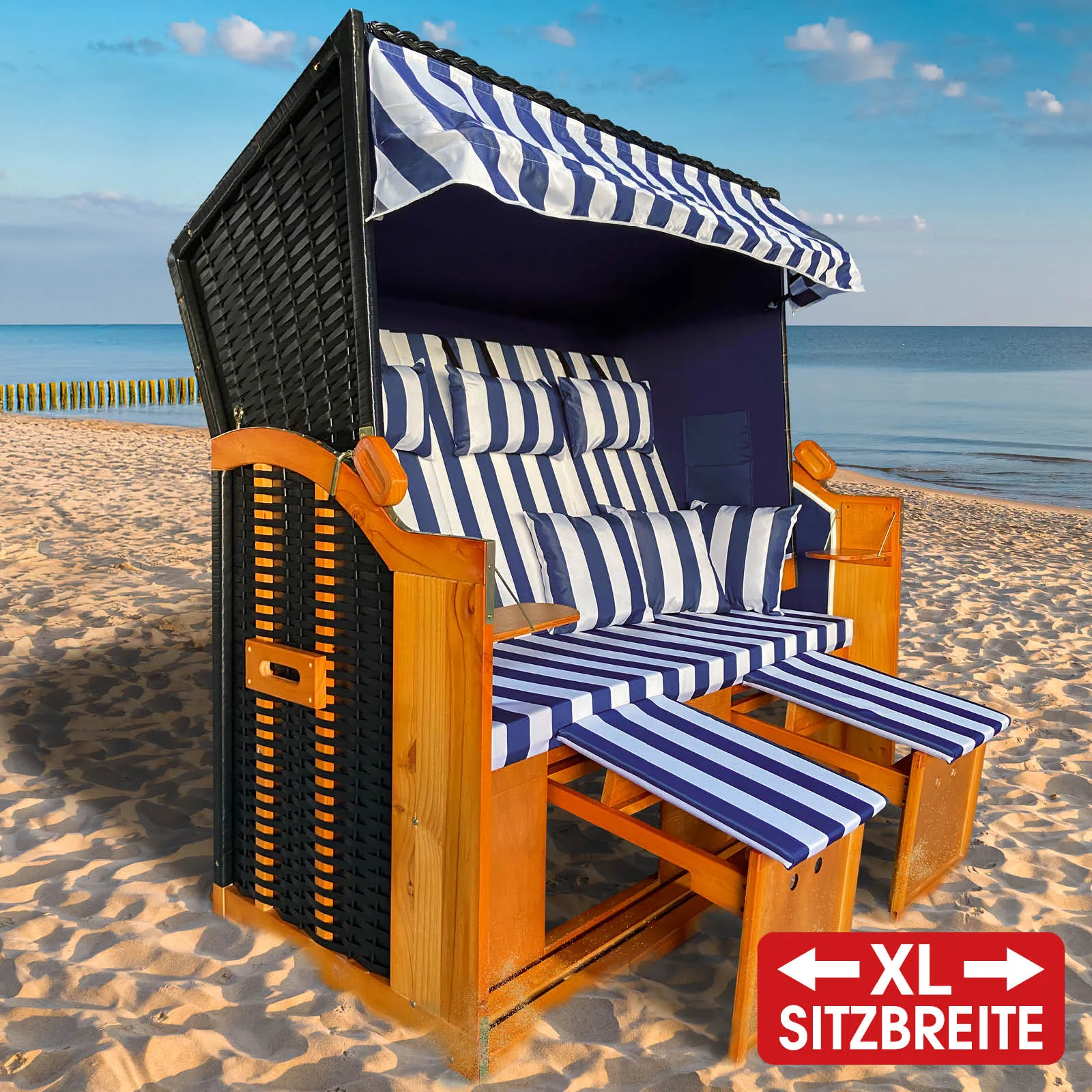 XL Strandkorb 3-Sitzer OSTSEE blau/weiß gestreift - BRAST - FashionsVida