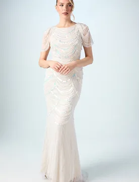Women's Beaded Tulle Wedding Dress with Cap Sleeve in Nude Size: 8 - Nude - Size: 8 - Coast - FashionsVida