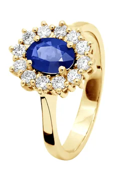 Womens - Ring - Sapphire Surrounded By Diamonds - Yellow Gold - White - Size R - Diadema - FashionsVida