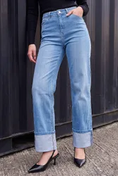 Women's Turn Up Wide Leg Jeans in Mid Blue Size: 16 - Mid Blue - Size: 16