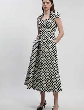 Women's Spot Jacquard Square Neck Tailored Full Skirted Midi Dress in Mono Size: 12 - Mono - Size: 12 - Karen millen - FashionsVida