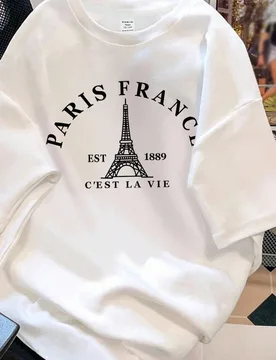 Camiseta de manga corta y cuello redondo de punto blanco con gráfico minimalista de la letra de París, estilo casual para adolescentes, adecuada par - Shein - FashionsVida