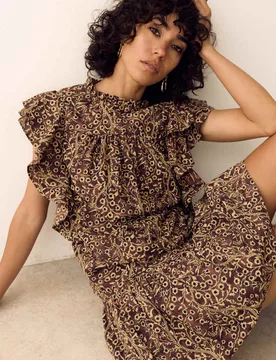 Pure Cotton Floral High Neck Ruffle Top Brown Mix female - Per Una - FashionsVida