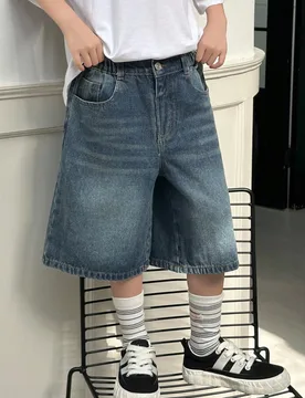Pantalones cortos de mezclilla bermuda de color azul oscuro lavado para niñas preadolescentes, cómodos y con estilo para uso casual en verano. Confe - Shein - FashionsVida