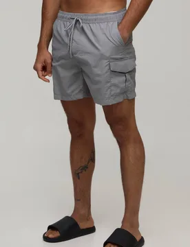 Men's Cargo Mid Length Swim Short Grey Size Small Grey S - boohooMAN - FashionsVida