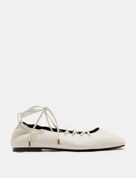Lace Up Flat Square Toe Ballet Pumps White female - M&S - FashionsVida