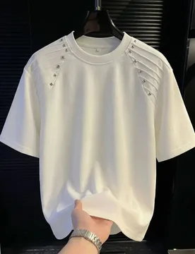 Summer Men Round Neck T Shirt Shoulder Rivet Pleated Splice High End Streetwear Cool Versatile Half Sleeve Casual Tops - Aliexpress - FashionsVida