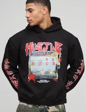 Men's Oversized Boxy Hustle Slot Machine Rhinestone Printed Hoodie Black Size X-Small Black XS - boohooMAN - FashionsVida