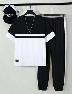 Set de 2 piezas de camiseta de cuello redondo con bloque de color contrastante y pantalones deportivos para adolescentes varones, de tela cómoda, aju - Shein - FashionsVida