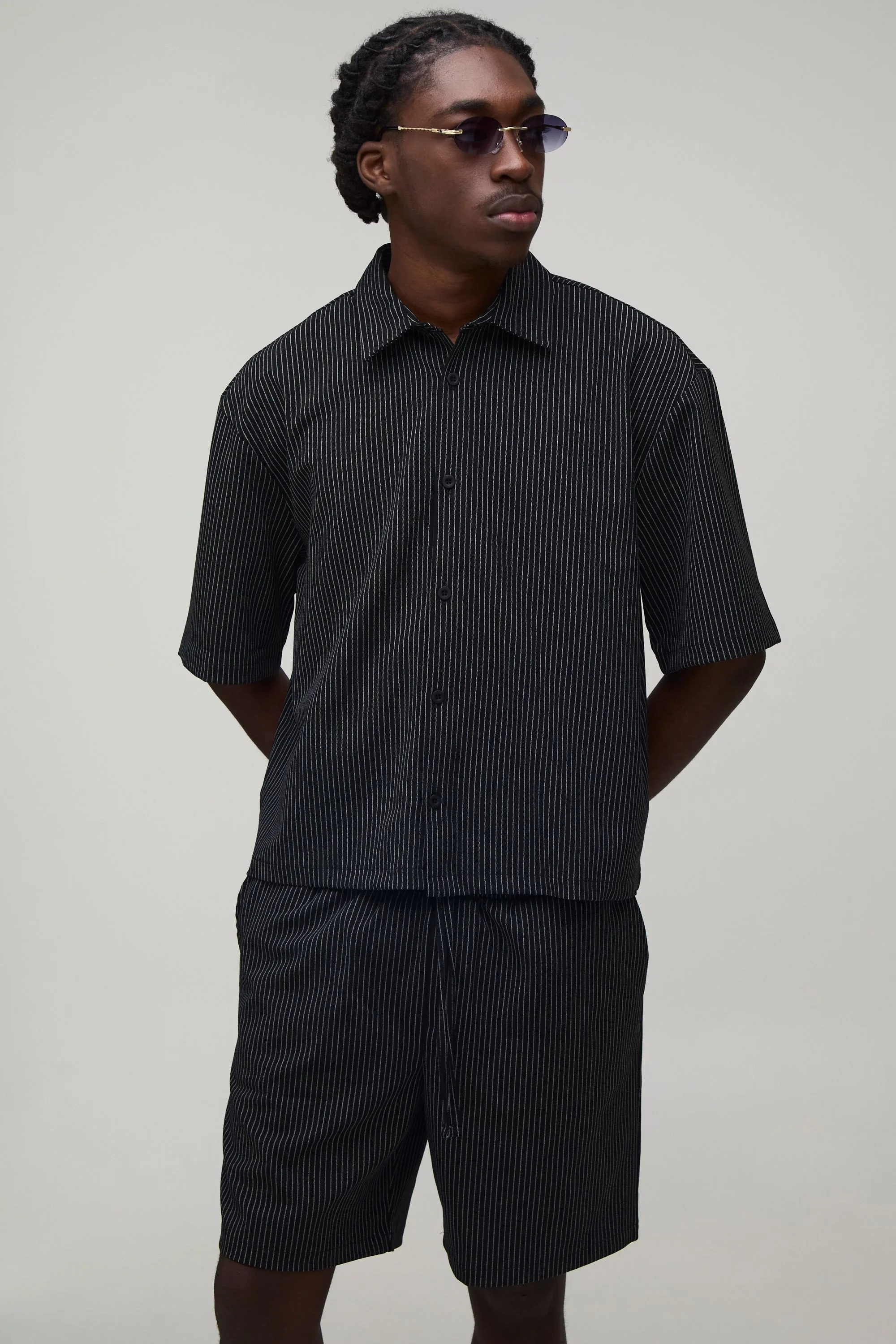 Mens Pinstripe Boxy Oversized Shirt & Short Set - Black - Size Medium - boohooMAN - FashionsVida