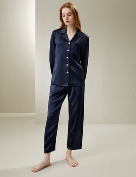 Ensemble Pyjama Soie Col V, Boutons Enveloppés De Soie 100% Soie Naturelle Profitez Du Toucher Doux Et Lisse De La Soie L