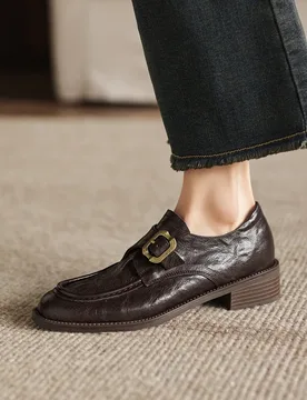 Women's New Spring and Autumn Genuine Leather Sheepskin Metal Belt Buckle Middle Heel Large Retro Le Fu Shoes Fashion Shoes - Aliexpress - FashionsVida