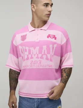 Men's Oversized Varsity Graphic Stripe Knit Polo Pink Size Medium Pink M - boohooMAN - FashionsVida