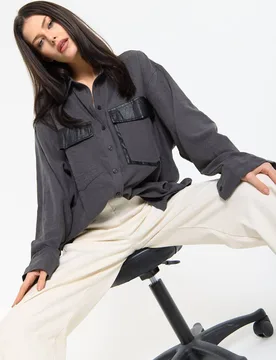 Women's Faux Leather Pocket Oversized Shirt in Grey - Grey - Size: One Size - House of Holland - FashionsVida
