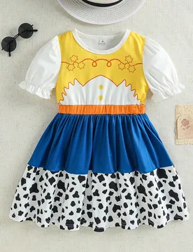 Vestido plisado con bloques de color y estampado de estrellas y vacas para niña joven, estilo vaquero occidental - Shein - FashionsVida