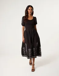 Embroidered Puff Sleeve Midi Dress - M / BLACK - female