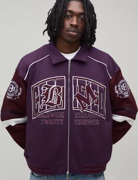 Men's Regular Fit Collared Certified Varsity Jersey Jacket Plum Size 4X-Large Plum 4XL - boohooMAN - FashionsVida