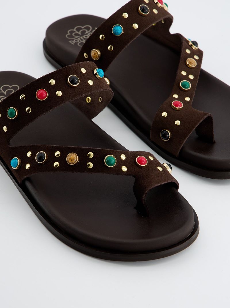 Sandalias Marrones Con Pedrería Multicolor, 36