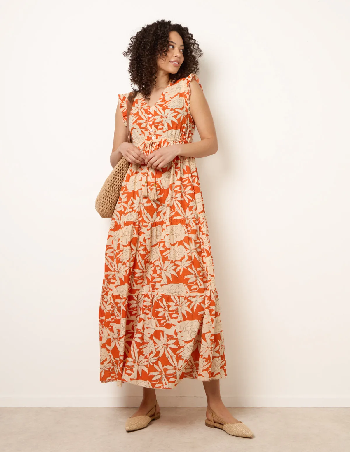 Button Frill Sleeve Dress - S / ORANGE - female - Blue Vanilla - FashionsVida