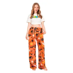 Printed Cat Pumpkin Fuzzy Plush Pajama Pants Drawstring Elastic Waist Wide Leg Pj Bottoms Lounge Pants Halloween Animals Onesie - S