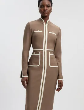 Women's Figure Form Bandage Knit Piping Detail Military Midi Dress in Taupe Size: 6 - Taupe - Size: 6 - Karen millen - FashionsVida