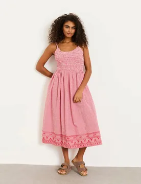 Pure Cotton Gingham Strappy Midi Waisted Dress Red Mix female - Fatface - FashionsVida