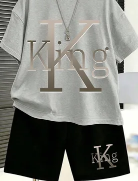 Conjunto de camiseta de cuello redondo con estampado de letra King minimalista casual para niños grandes + pantalones cortos, nuevo atuendo cómodo d - Shein - FashionsVida