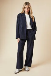 Women's Elasticated Waist Wide Leg Stripe Trouser in Navy Size: 12 - Navy - Size: 12