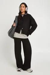 Womens Crew Neck Knitted Boxy Cardigan And Wide Leg Trouser Co-Ord - Black - Size Large