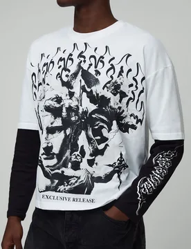 Mens Oversized Boxy Faux Layer Gothic Printed Long Sleeve T-Shirt - White Cotton - Size Medium - boohooMAN - FashionsVida