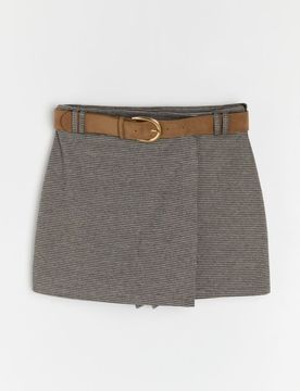 Gonna pantalone con motivo pied-de-poule e cintura in similpelle - marrone scuro