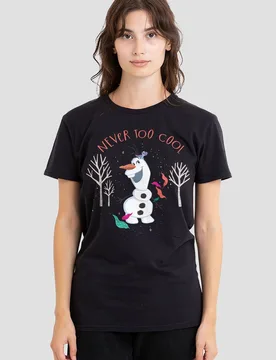 Women's Frozen Olaf Never Too Cool T-Shirt, Black Size: Medium - Black - Size: M - Disney - FashionsVida
