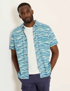 Cotton Linen Blend Turtle Short Sleeve Shirt Blue Mix male - Fatface - FashionsVida