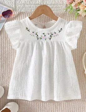 Blusa de algodón con bordado floral, cuello redondo, manga corta, ajustada y de unicolor, estilo casual y elegante para niñas, top versátil de vera - Shein - FashionsVida