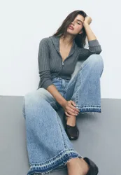 D91 Wide-Leg-Jeans mit tiefem Bund MITTELBLAUER WASHED-LOOK IM HELLEN JEANSBLAU 32
