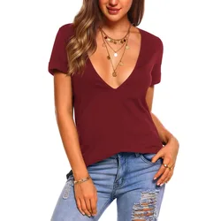 Spring and Summer New Sexy Solid Color Knitted Deep V-neck Short-sleeved T-shirt