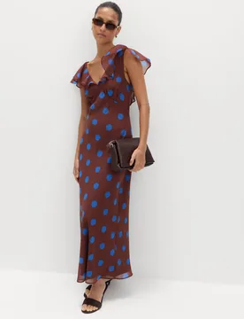Polka Dot V-Neck Frill Sleeve Midi Column Dress Brown Mix female - M&S - FashionsVida