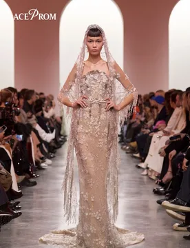 Stunning Nude Tulle Evening Dress 2026 Opulent Sheer Floral Beaded Fringe Cape Train For Wedding Guests Party Dress فساتين سهرة - Aliexpress - FashionsVida