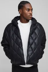 Herren Oversized Boxy Steppjacke mit Hochglanz-Rautensteppung und Kapuze Black Größe Large