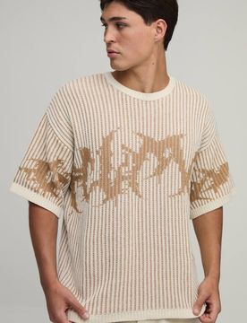 Herren Übergroßes Gothic-Geripptes Gestricktes Oberteil Ecru Größe Medium
